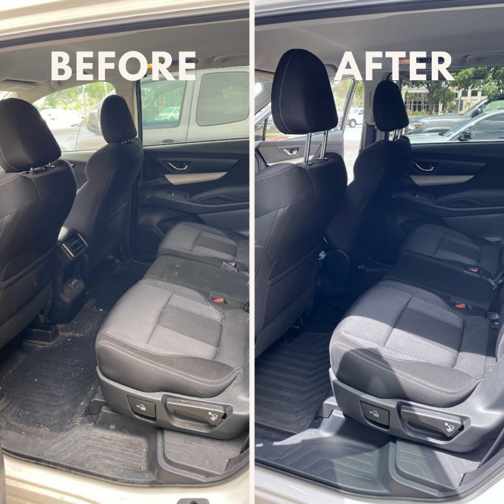 Before and after of a full interior detail on a Subaru in the rio grande valley